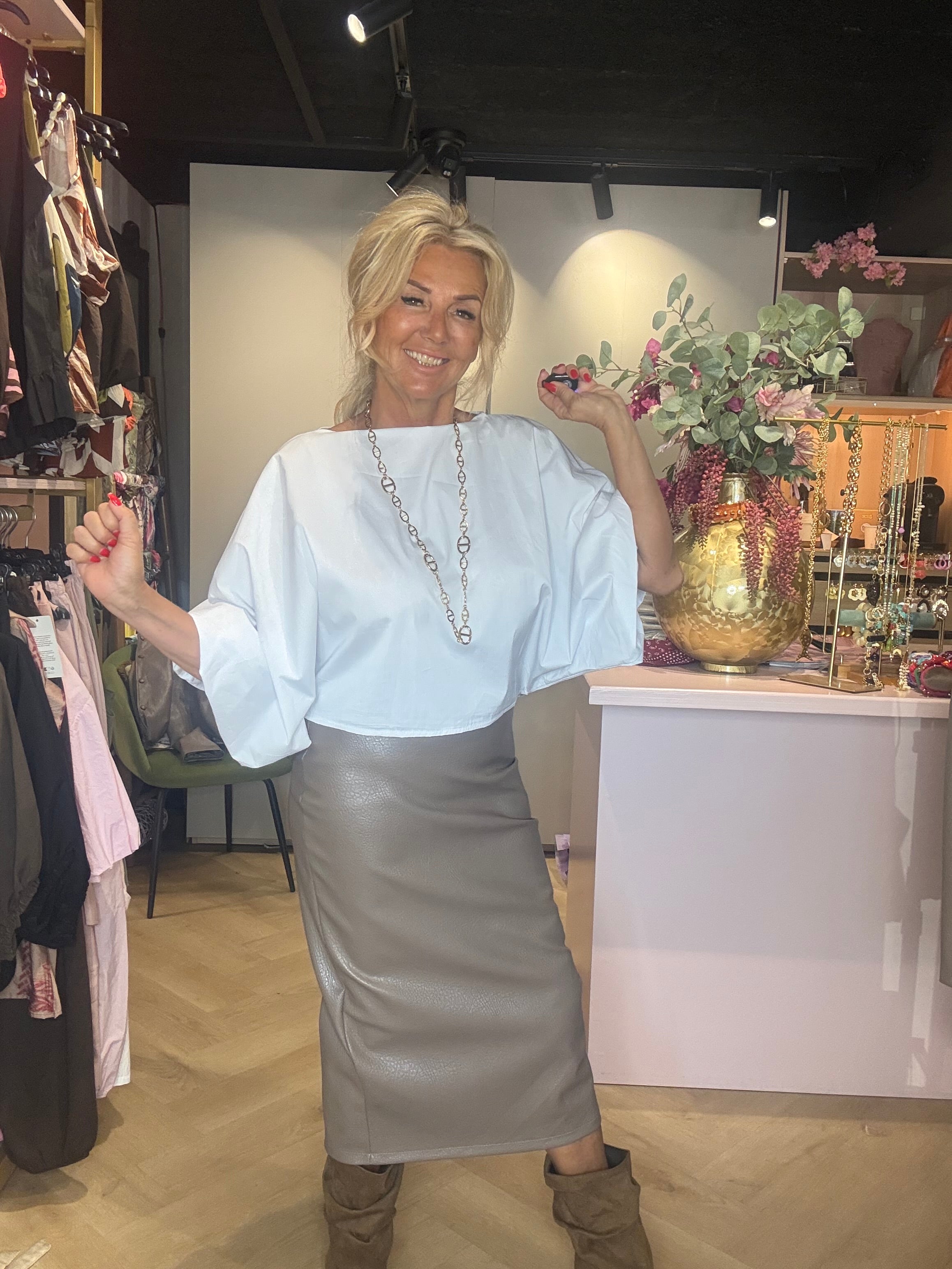Rok, kokermodel, taupe, Puh, læderlook